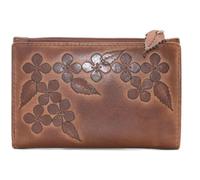 Mala Leather Wild Bloom - Monedero compacto de cuero marrón floral clásico con protección RFID, piel auténtica, 5 ranuras para tarjetas, ventana de identificación, bolsillos para notas y monedas, 11 x