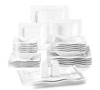MALACASA 28 piezas juegos de vajilla de porcelana con 6 cuncos de cereales,6 platos de postre 6, 6 platos de sopa,6 platos llano, 2 plaeos rectangulares y 2 cajas por el sal y pimienta, Serie MARIO