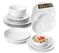 MALACASA AMELIA Vajillas Completas 12 Personas, 48 Piezas - Juego de Porcelana Gourmet Moderna con 12 Platos Llanos, 12 Platos de Postre, 12 Cuencos y 12 Platos Hondos, Vajilla Blanca