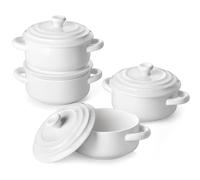 MALACASA Cacerola Pequeña para Horno, Juego de Mini Cocotte de Cerámica de 14 Oz con Tapa y Asa, Ramequines Blancos para Lasaña, Soufflé y Sopa, Apto para Microondas y Lavavajillas, Serie Bake.Bake