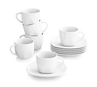 MALACASA ELISA, Juego de Café de Porcelana Blanca, 6 Piezas | 6 Tazas + 6 Platillos, 200 ml por Taza, Para Café con Leche, Espresso y Té, Apto para Lavavajillas y Microondas