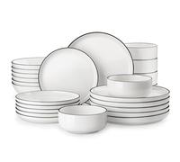 MALACASA Juego de 24 platos y cuencos de porcelana resistentes a los golpes con borde negro, apto para microondas y lavavajillas, 6 platos de cena/postre/sopa, cuencos, vajilla blanca moderna, serie
