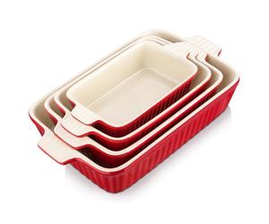 MALACASA Juego de 4 Porcelana Molde Para Pan y Bandeja Para Hornear en 4 Tamaños, Plato Hondo Rojo, Serie BAKE