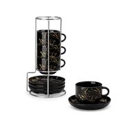MALACASA Juego de 4 tazas de espresso de 75 ml, de pared gruesa con platillos y soporte, apilables, tazas italianas de porcelana negra, aptas para lavavajillas, serie regular