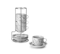 MALACASA Juego de 4 tazas de espresso de 75 ml, de pared gruesa con platillos y soporte, apilables, tazas italianas de porcelana gris, aptas para lavavajillas, serie regular