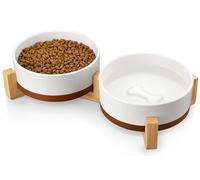MALACASA Juego de cuencos de cerámica para perros con soporte de madera, 3.5 tazas, cuencos para mascotas para perros medianos con base antideslizante, cachorros grandes, gatos, retrievers, etc. Juego