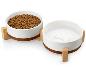 MALACASA Juego de cuencos de cerámica para perros con soporte de madera, 3.5 tazas, cuencos para mascotas para perros medianos con base antideslizante, cachorros grandes, gatos, retrievers, etc. Juego
