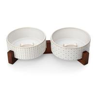 MALACASA Juego de cuencos para perros con soporte de madera de nogal, cuencos de cerámica para mascotas de 3.5 tazas para cachorros, cuencos dobles para comida y agua con base antideslizante pesada