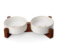 MALACASA Juego de cuencos para perros con soporte de madera de nogal, cuencos de cerámica para mascotas de 1.5 tazas para cachorros, cuencos dobles para comida y agua con base antideslizante pesada