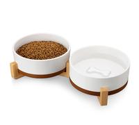 MALACASA Juego de cuencos para perros con soporte de madera, juego de 6 tazas de cuencos de comida y agua para perros de tamaño mediano a grande, cuencos de cerámica para mascotas con base