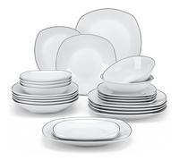 MALACASA Juego de platos de porcelana de 24/48 piezas con borde negro con 6/12 platos y cena para sopa, servicio de vajilla para 12/24 personas 24-PIECE