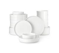 MALACASA Juego de Vajilla de Porcelana para 12 Personas, 48 Piezas con Platos ∅ 26 cm y ∅ 21 cm, Cuencos para Cereales de 760 ml y para Pasta de 1240 ml, Blanco con Borde Negro, Serie LEAH