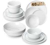 MALACASA Juego de Vajilla de Porcelana para 12 Personas, 48 Piezas Vajillas Completas Modernas con Platos, Llanos, Cuencos, Blanco - Serie LEXI