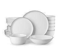 MALACASA Juego de Vajilla de Porcelana para 6 Personas, 24 Piezas Vajillas Completas Modernas con Platos Llanos, Cuencos, Blanco con Borde Negro - Serie LEXI