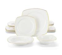 MALACASA Juego de vajilla ligera de porcelana china, juego de 16 platos cuadrados y cuencos con borde dorado, platos de cena blanco crema y cuencos pequeños para postre, ensalada, sopa, pasta, serie