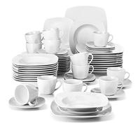 MALACASA JULIA Vajillas Completas 12 Personas, 60 Piezas Juego de Platos de Porcelana con 12 Platos Llanos, 12 Platos de Postre, 12 Platos Hondos, 12 Tazas de Café y 12 Platillo, Vajilla Blanca