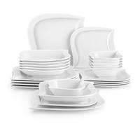 MALACASA Serie ELVIRA, Vajilla de Porcelana Blanca para 6 Personas, Juego de 24 Piezas con Platos de Cena de 26 cm, Platos de Postre de 21 cm, Platos Hondos de 660 ml y Tazones para Desayuno de 240 ml