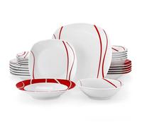 MALACASA, Serie FELISA, Juego de Vajilla de Porcelana de 24 Piezas para 6 Personas, Incluye Platos Llanos, Platos de Postre, Platos de Sopa y Cuencos para Cereal, con Diseño de Motivo de Líneas Rojas