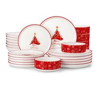 MALACASA Serie LUNA Vajillas Completas 6 Personas, 24 Piezas Vajilla Completa Moderna en Porcelana, Rojo con Motivos de Árboles de Navidad, Incluye Platos y Cajas para Cereales