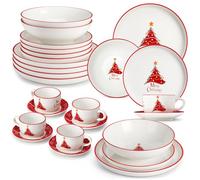 MALACASA Serie LUNA Vajillas Completas Modernas, 30 Piezas Juego de Vajilla Completo en Porcelana, Rojo con Motivos de Árboles de Navidad, Decoraciones de Mesa de Navidad