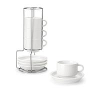 MALACASA Serie REGULAR, Juego de 4 Tazas de Café para 4 Personas, 150 ml, Servicio de Café Apilable con Platillo y Soporte Metálico, Ideal para Espresso, Capuchino, Latte, Moka y Té, Color Blanco