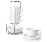 MALACASA Serie REGULAR, Juego de 4 Tazas de Café para 4 Personas, 270 ml, Servicio de Café Apilable con Platillo y Soporte Metálico, Ideal para Espresso, Capuchino, Latte, Moka y Té, Color Blanco