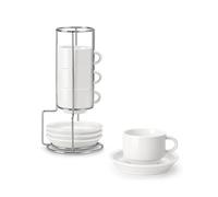 MALACASA Serie REGULAR, Juego de 4 Tazas de Café para 4 Personas, 90 ml, Servicio de Café Apilable con Platillo y Soporte Metálico, Ideal para Espresso, Capuchino, Latte, Moka y Té, Color Blanco