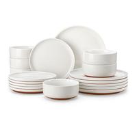 MALACASA, Serie TARA, Vajilla de Gres para 6 Personas, Juego de 18 Piezas con Platos Llanos, Platos de Postre y Cuencos para Cereales, Diseño con Efecto Sésamo en Blanco Vainilla con Base Caqui