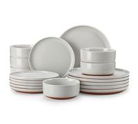 MALACASA, Serie TARA, Vajilla de Gres para 6 Personas, Juego de 18 Piezas con Platos Llanos, Platos de Postre y Cuencos para Cereales, Diseño con Efecto Sésamo en Color Gris con Base Caqui