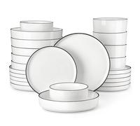 MALACASA Vajilla Completa 6 Personas, 24 Piezas Juego de Platos Vajilla Blanca con Borde Negro, Vajilla de Porcelana con 6 Platos Llanos, Platos Postre, Platos Hondos, Platos Hondos Sopa, Serie LEAH