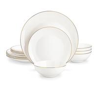 MALACASA Vajilla Completa Moderna para 4 Personas, 12 Piezas con Borde Dorado, Juego de Platos de Bone China con 4 Platos Llanos, 4 Platos de Postre y 4 Cuencos para Cereal, Serie JERA