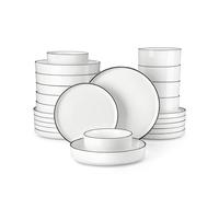 MALACASA Vajilla de 48 piezas para 12 personas, moderna vajilla de porcelana blanca con borde negro, incluye 12 platos llanos, platos de pasta, cuencos
