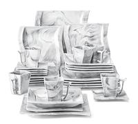 MALACASA Vajilla de Porcelana de 30 Piezas para 6 Personas, con 6 Tazas, 6 Platillos, 6 Platos Llanos, 6 Platos de Postre y 6 Platos Hondos, Diseño con Patrón de Mármol Gris, Serie FLORA