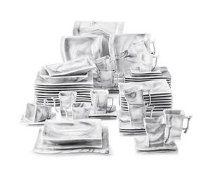 MALACASA Vajilla de Porcelana de 60 Piezas para 12 Personas, con 12 Tazas, 12 Platillos, 12 Platos Llanos, 12 Platos de Postre y 12 Platos Hondos, Diseño con Patrón de Mármol Gris, Serie FLORA