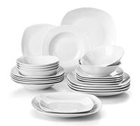 MALACASA Vajilla Moderna Completa de Porcelana, 24 Piezas para 6 Personas con 6 Platos Llanos, 6 Platos de Postre, 6 Cuencos y 6 Platos Hondos, Blanco Puro, Serie ELISA