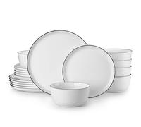 MALACASA Vajillas Completas 6 Personas de Porcelana, 18 Piezas Juego de Platos con 6 Platos Llanos, 6 Plato de Postre, 6 Bol de Cereales, Blanco con Borde Negro - Serie LEXI