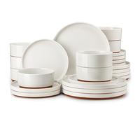 MALACASA Vajillas Completas 8 Personas, 24 Piezas Juego de Vajilla Completo Modernas de Gres con 8 Platos Llanos, 8 Cuencos para Cereales, 8 Platos de Postre, Blanco - Serie LEAH