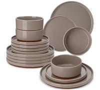 MALACASA Vajillas Completas Modernas 18 piezas, Juego de Vajilla Completo 6 Personas con 6 Platos Llanos, 6 Cuencos para Cereales, 6 Platos de Postre, Marrón - Serie LEAH