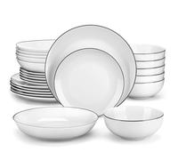 MALACASA Vajillas Completas Modernas 24 Piezas, Juegos de Platos de Porcelana Gourmet de Borde Negro para 6 Personas con 6 Platos Hondos/ 6 Platos Llanos， 6 Cuencos, Serie AMELIA
