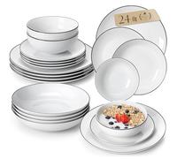 MALACASA Vajillas Completas Modernas 24 Piezas, Juegos de Platos de Porcelana Gourmet de Borde Negro para 6 Personas con 6 Platos Hondos/ 6 Platos Llanos/ 6 Platos de Postre/ 6 Cuencos, Serie AMELIA