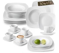 MALACASA Vajillas Completas Modernas Porcelana, 30 Piezas para 6 Personas con 6 Platos llanos, 6 Platos de Postre, 6 Platos hondos, 6 Taza de Café y 6 Platillo, Blanco, Serie JULIA