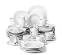 MALACASA Vajillas Completas Modernas Porcelana, 60 Piezas para 12 Personas con 12 Platos llanos, 12 Platos de Postre, 12 Platos hondos, 12 Taza de Café y 12 Platillo, Blanco, Serie ELISA