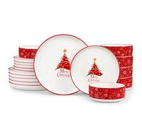 MALACASA Vajillas de Navidad Porcelana, 18 Piezas Vajillas Completas 6 Personas, Rojo con Motivos de Árboles de Navidad, Incluye Platos y Bols