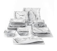 MALACASA Vajillas de Porcelana 26 Piezas Juego de Platos 6 Plato de Cena/Plato Postre, Sopa, Cuencos, 2 Platos Rectangular Diseño de Patrón de Mármol Gris para 6 Personas, Serie FLORA