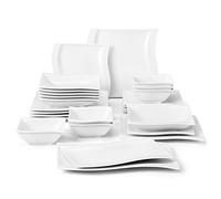 MALACASA Vajillas para 6 Personas de Porcelana Blanca, 26 Piezas con 6 Platos de Cena, 6 Platos de Postre, 6 Platos de Sopa, 6 Tazónes, 1 Placa Rectangular de 33 x 20 cm y 1 de 28 x 18 cm, Serie FLORA