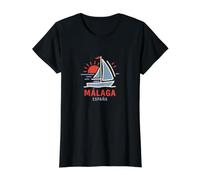 Málaga España Velero Sunset Design Camiseta gráfica económica, Mujer, Negro, XS