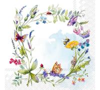 Malagro 20 servilletas con flores primaverales del prado a modo de corona como decoración de mesa. Servilletas de papel con motivo. También para técnica decoupage y servilleta 33x33cm