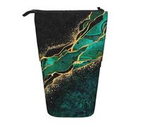Malaquita verde de mármol verde azulado negro con vetas doradas y manchas doradas, Estuche telescópico para lápices, soporte para lápices con cremallera, bolsa de maquillaje, bolsa para lápices