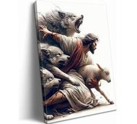 MALEDO Jesús y Cordero - Lienzo de Arte de Pared Cristiano Jesús Salva las Ovejas Perdidas Imagen de Pastor Protegiendo un Cordero de los Lobos Pintura Póster Impresión Obra de Arte para Decoración de