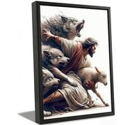 MALEDO Lienzo con marco negro de Jesús y Cordero para pared, diseño de Jesús salva a la oveja perdida, imagen cristiana, decoración de pared, pastor, protege a un cordero de lobos, póster impreso para